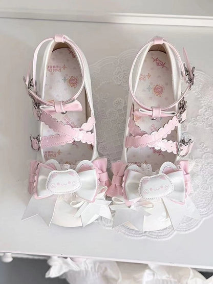 White Sweet Lolita Mid-heel Shoes - Detachable Kitty Decor Top Bow & Crisscross Design