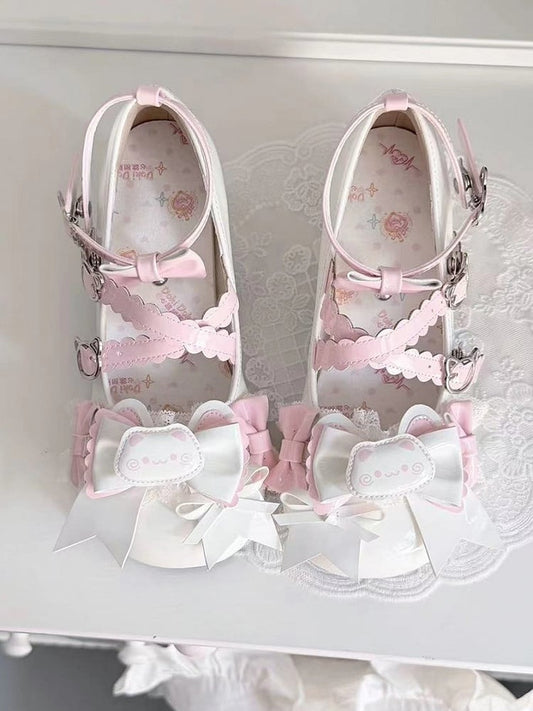 White Sweet Lolita Mid-heel Shoes - Detachable Kitty Decor Top Bow & Crisscross Design