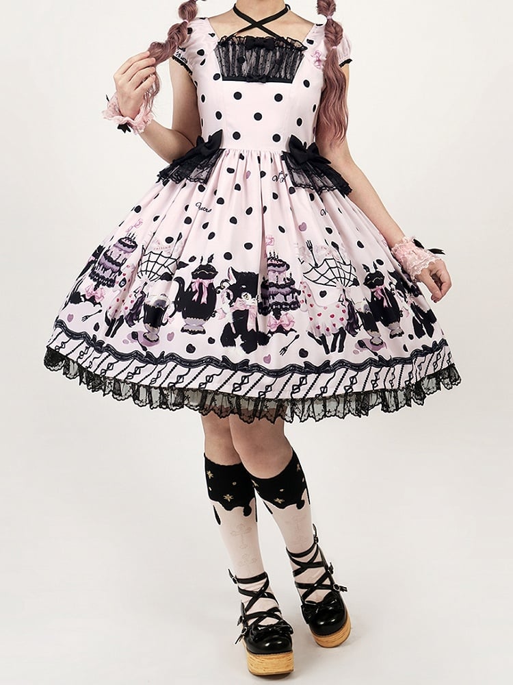 Lolita Black Dress Dot with Sweet Cat Polka Pink Accents Print Bow