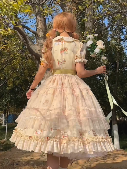 Sweet Bunny Yellow with and Sunflower Puff Lolita Overlay Dress Plaid Hem Sleeves Print