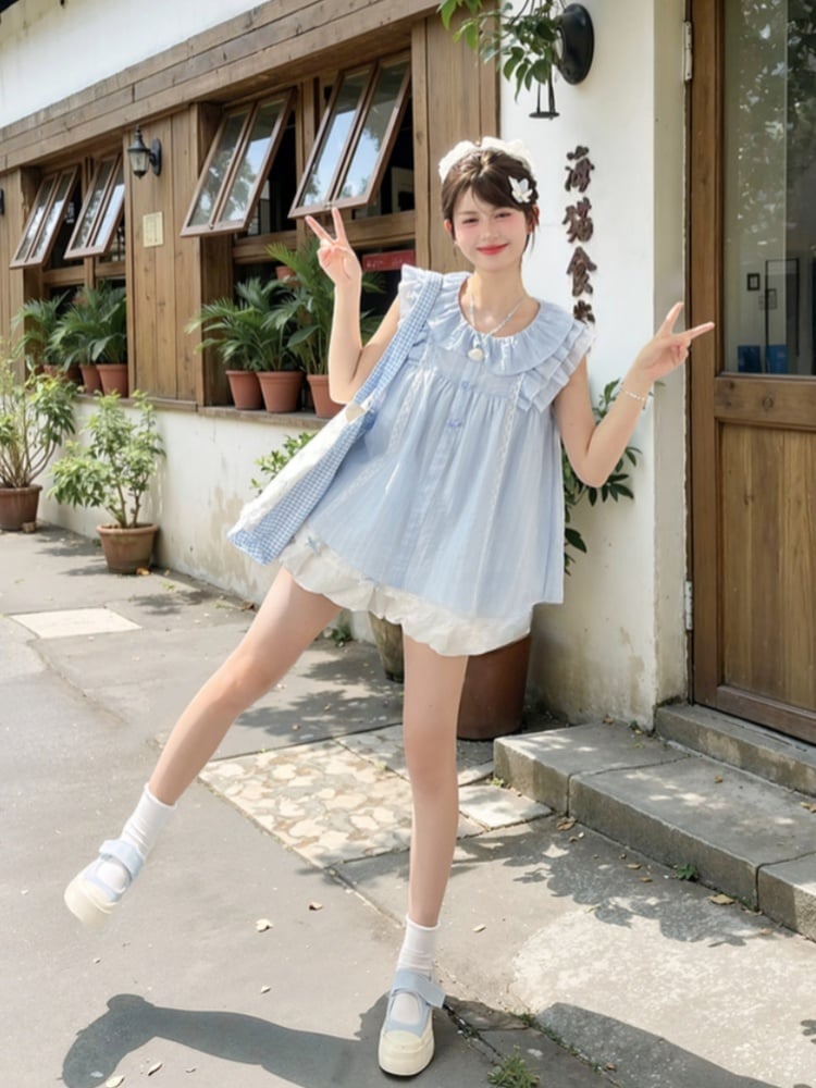 Sweet Tank Top Blue Peter Pan Collar Tiered Flutter Sleeves Bow Buttons