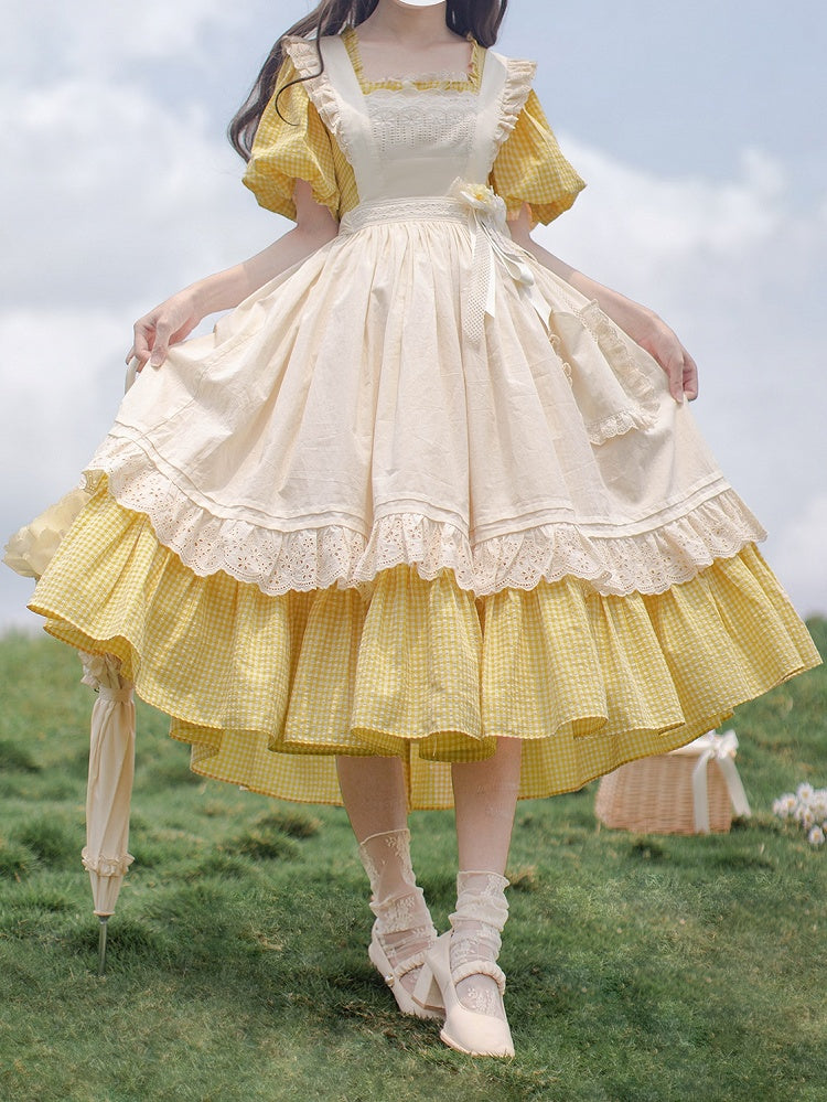 Plaid Lolita Yellow One Sleeves Neckline with Short Piece and Puff Square Sweet