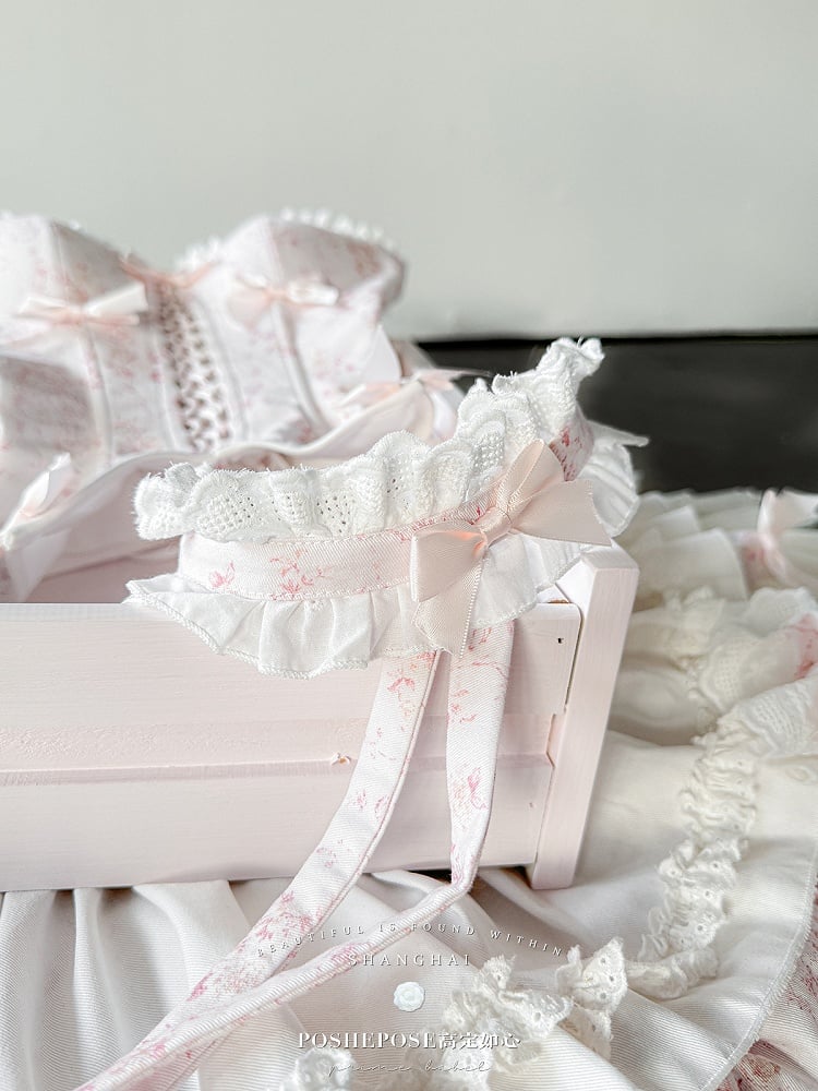 White Skirt Floral-Print Rings + Pink Full KC Top Set Corset Arm Choker