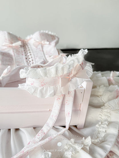 White Skirt Floral-Print Rings + Pink Full KC Top Set Corset Arm Choker