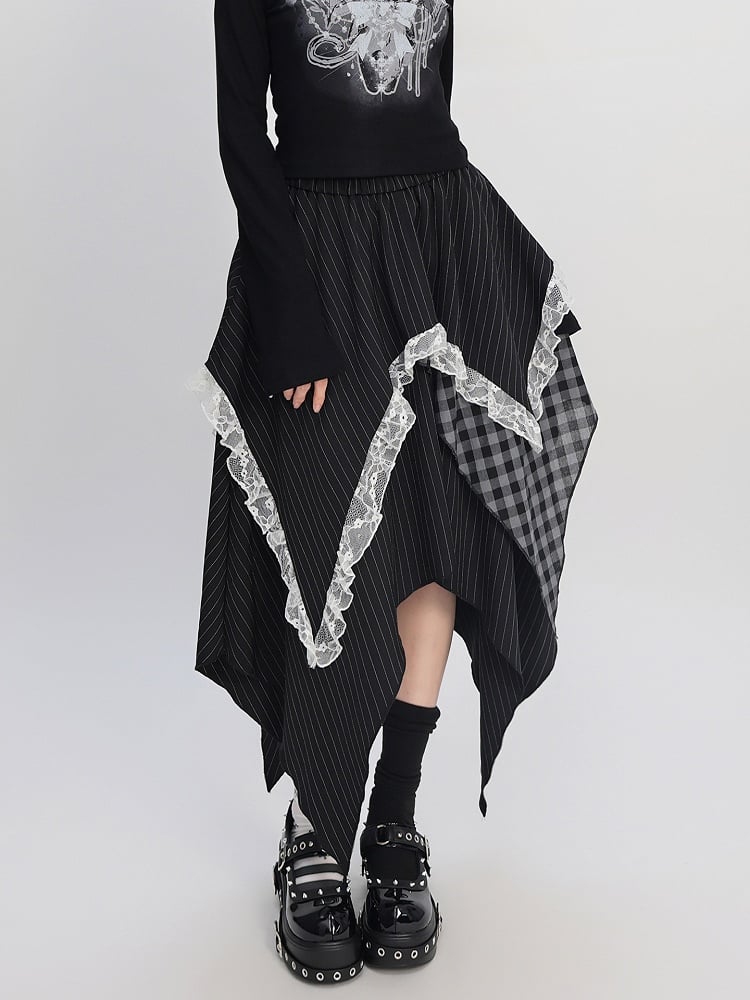 Hem Maxi Dress with Plaid  Stripe Patchwork and Lace Trim Black Handkerchief