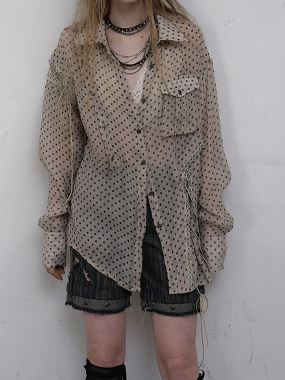 Apricot Laces Shirt with Cross-Tie Punk Dot Side Chiffon Polka Slits
