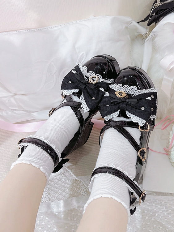 Polished Black Jirai Kei Platform Block Heels with Heart Buckles & Crisscross Bow Top - Transfer Student