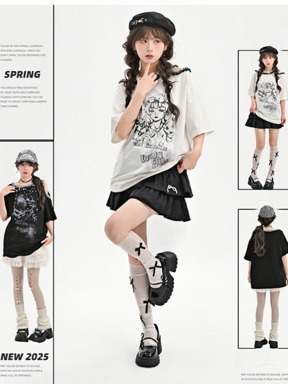 Y2K Black/White Ruffled Lace Trim Neckline T-Shirt Shoulder Cutout Girl Print Cotton