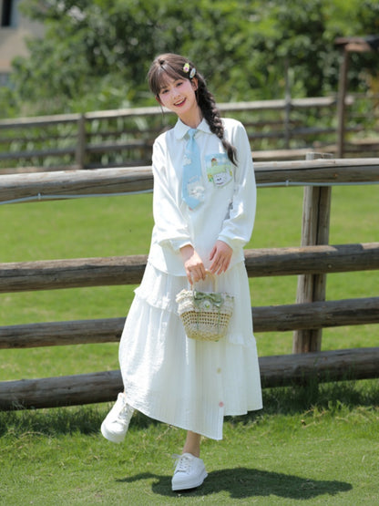 White Floral-Shaped Buttons Puppy Pattern Pocket Shirt with Tie