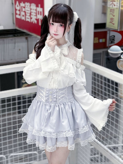 Bell Sleeves Open Shoulder with Blouse White Jirai Kei Three-Piece Set: