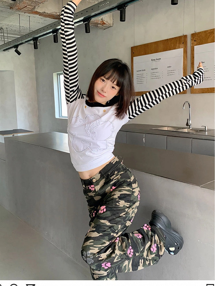 Pink Pants Camouflage Cat with Details Paw Rhinestone