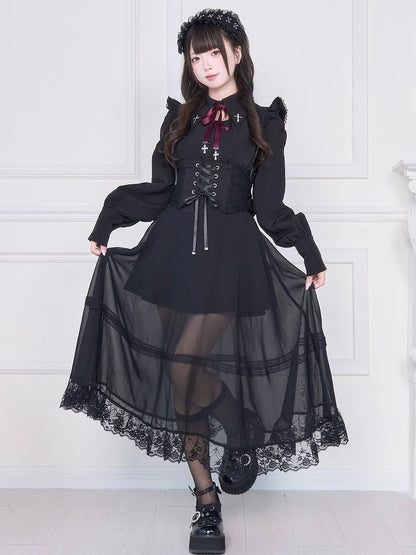 Jirai Kei High-Waist Skirt with Corset Lacing and Mesh - No Genki
