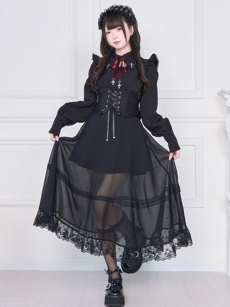 Kei Mesh Skirt with Black Overlay Corset Jirai Waist High Lacing Long