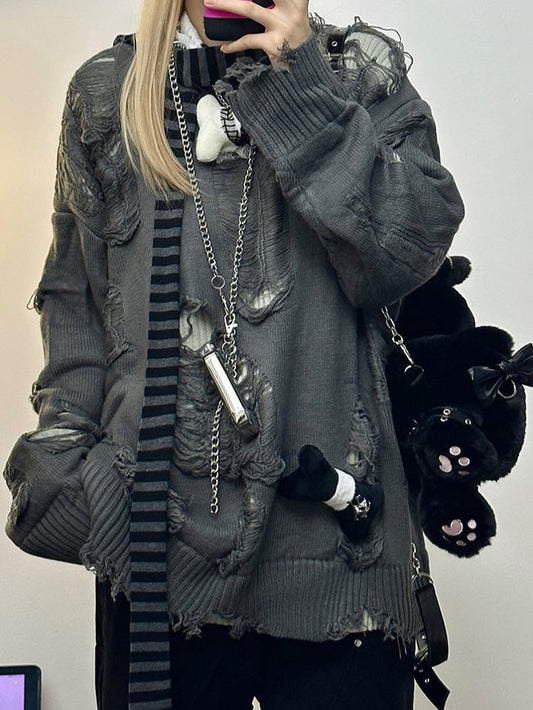 Reversible Gray Distressed Sweater - Cozy Fall/Winter Essential