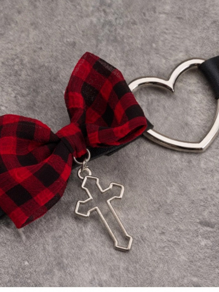 And Cross Black With Plaid Heart Pattern Pendant Red Buckle Bowknot Choker