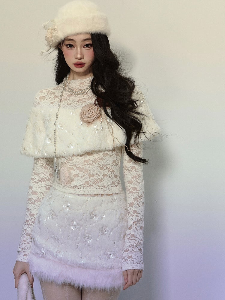 Aprikosenfarbener Plüsch-Minirock mit Paillettendetail