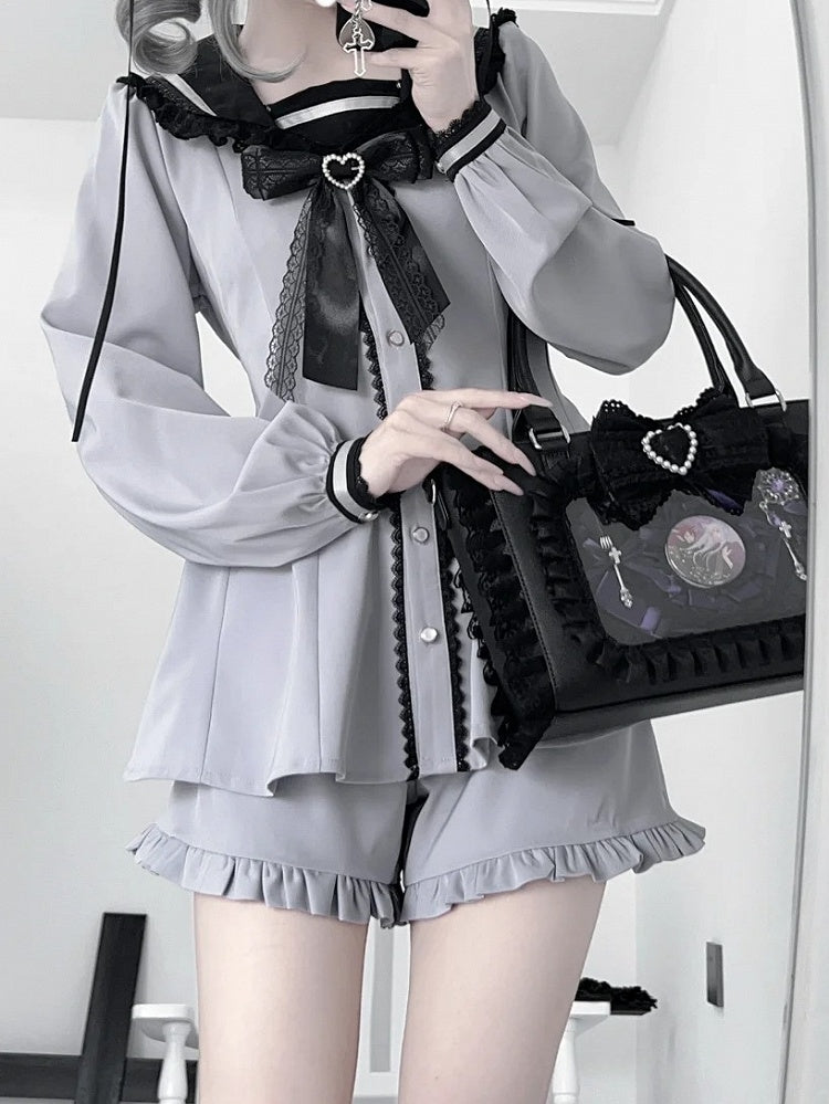Lilafarbenes Design, Ohren, Krawatte, Jirai-Minikleid + Shorts-Set mit Rüschensaum + Schleife, Dusty Kei, Seemannskragen, Hase