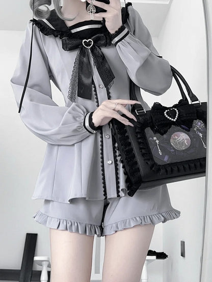 Lilafarbenes Design, Ohren, Krawatte, Jirai-Minikleid + Shorts-Set mit Rüschensaum + Schleife, Dusty Kei, Seemannskragen, Hase