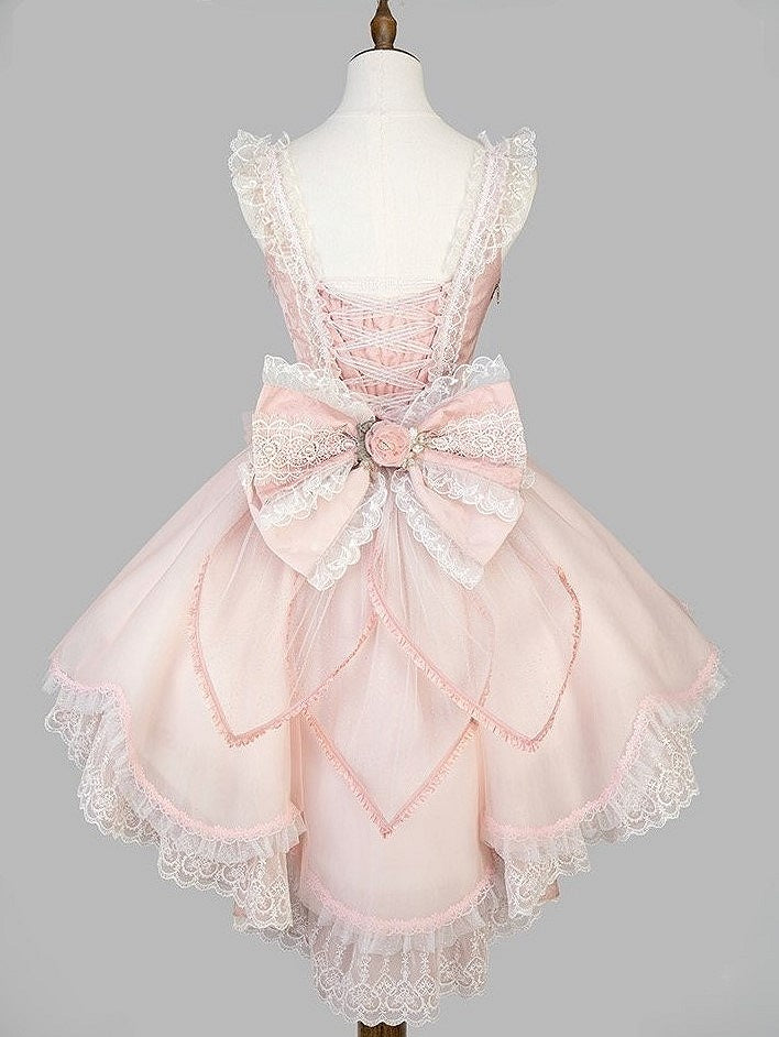 Lace-Trimmed Lolita Bow Lace Corset Pink Top + Decorated Skirt Jacquard Sweet and