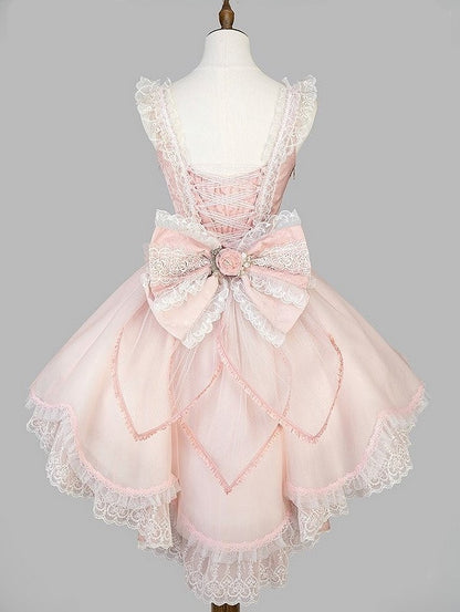 Lace-Trimmed Lolita Bow Lace Corset Pink Top + Decorated Skirt Jacquard Sweet and
