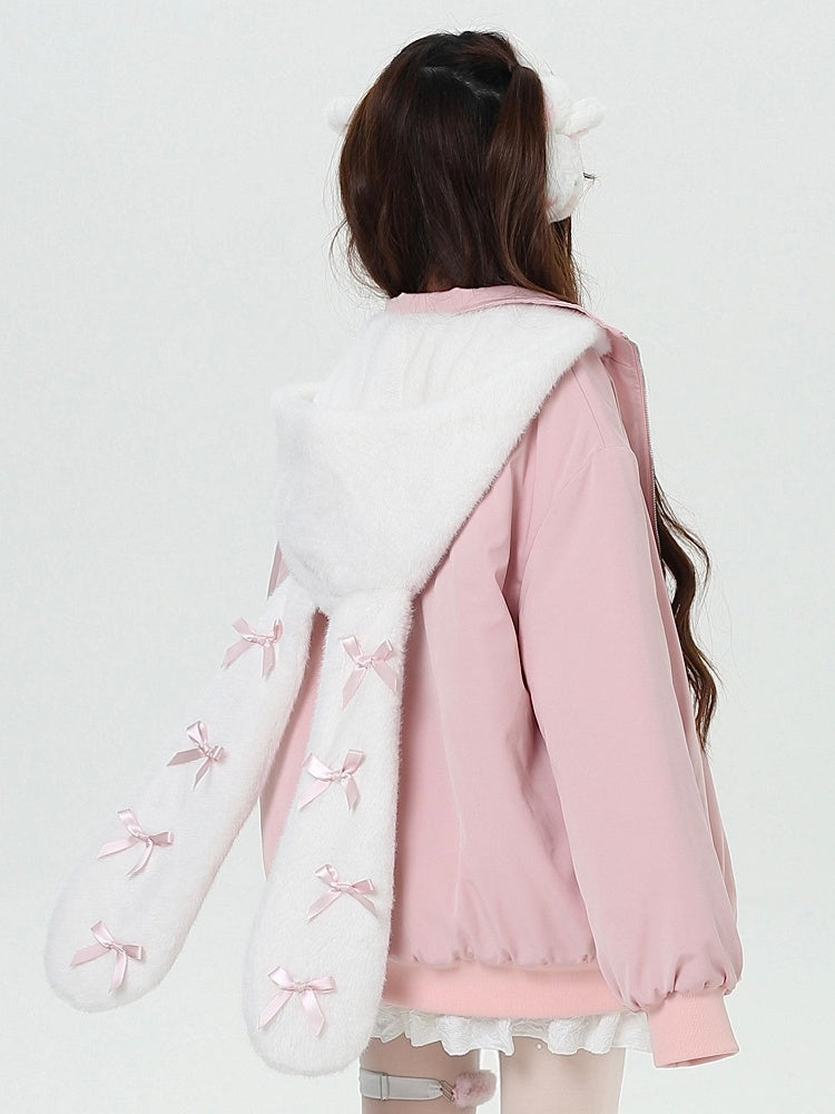 Print Ear Jacket with Hood Detachable Graffiti Thick Bunny Pink