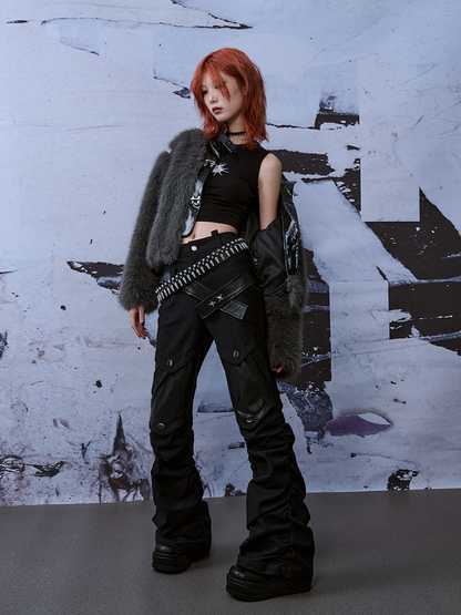 Patches  Belts Black Punk Denim Jeans With Studded PU Knee