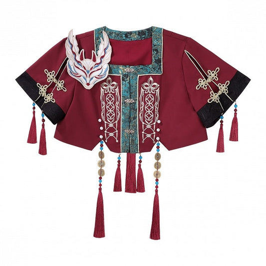 Red Han Lolita Cropped Top Fox Patch Tassels - Unknown Star