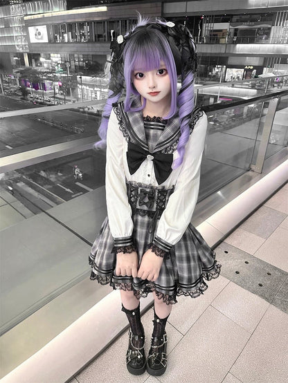 Plaid Gray Kei Style Waist Jirai High Skirt Lace-up with