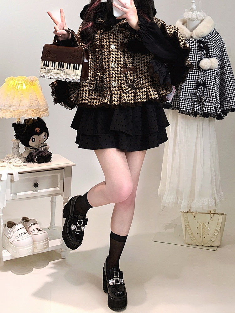 Hooded Fleece-Lined Kei Buttons Heart Cape Houndstooth Jirai with