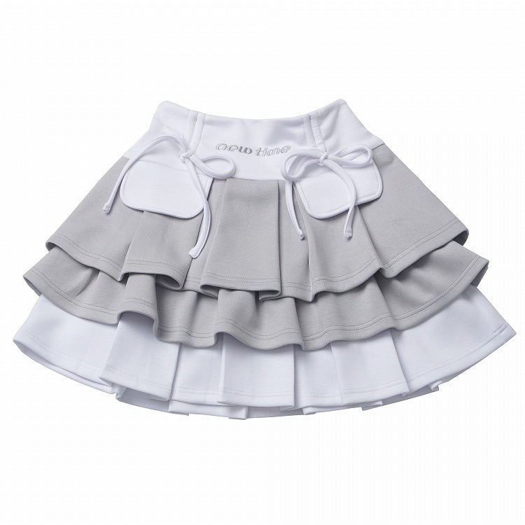 ホワイトカラーブロックデザイン 蝶結びティアードスカート グレーディテール