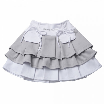 ホワイトカラーブロックデザイン 蝶結びティアードスカート グレーディテール