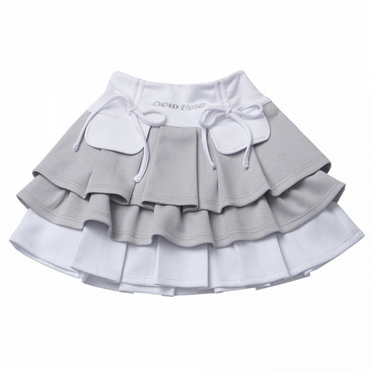 ホワイトカラーブロックデザイン 蝶結びティアードスカート グレーディテール