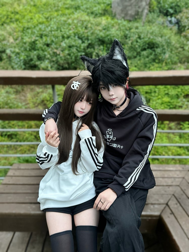 Black Bunny Print on with Angel Hoodie Sleeves Pattern Stripe