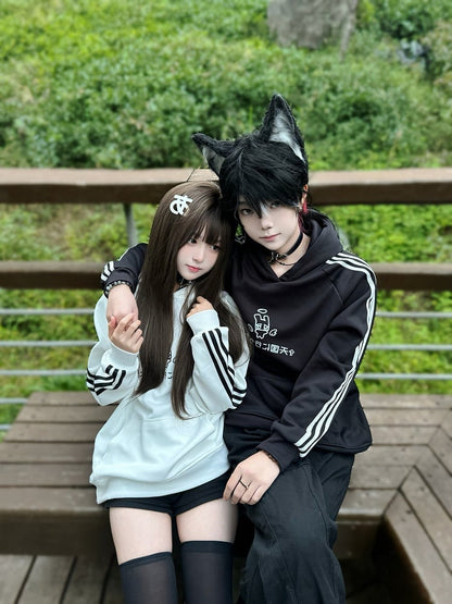 Black Bunny Print on with Angel Hoodie Sleeves Pattern Stripe