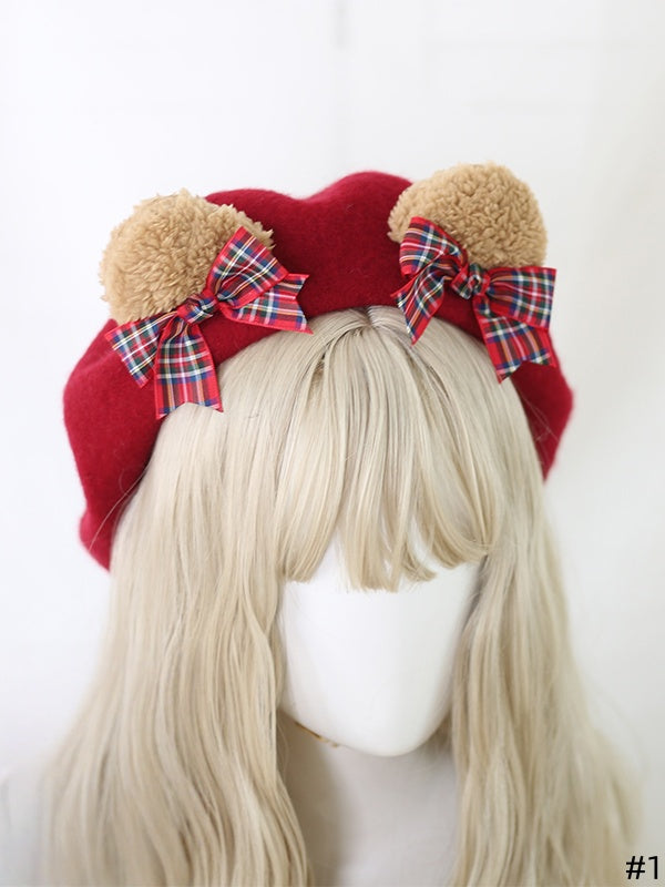 Dark 2 Lolita Beret Ear Bowknot Options Red Bear Style - Cute Detachable with