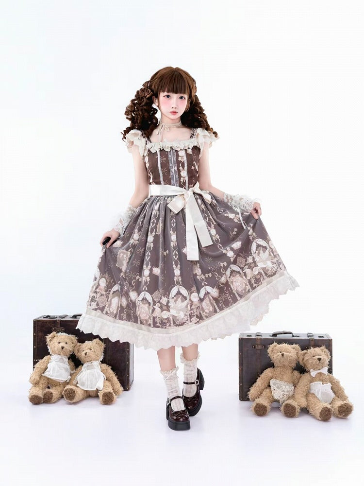 Brown Angel Unicorn Lolita JSK Dress with Floral Print and Ruffle Trim - Qian Mu