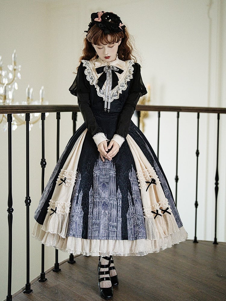Print and Lolita Hem with Gothic Dress Black Beige Long-Sleeve Ruffled Church