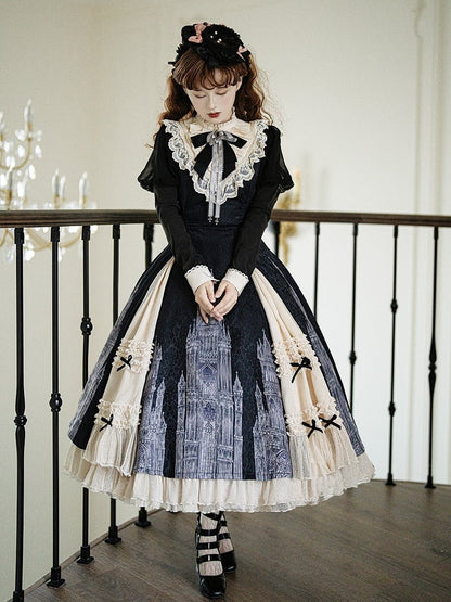 Print and Lolita Hem with Gothic Dress Black Beige Long-Sleeve Ruffled Church