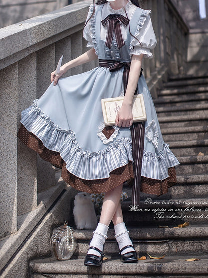Puff Sleeves Blouse with White Pleating Details Neckline Ruffle