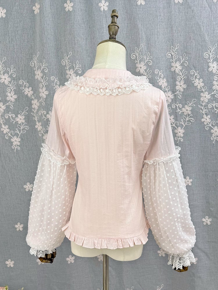 Cotton Blouse Lolita Jacquard Sleeves Long Pink