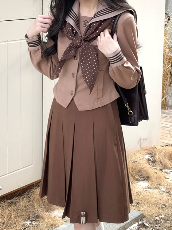 Floral Collar Sailor Embroidery JK Brown Uniform Blouse