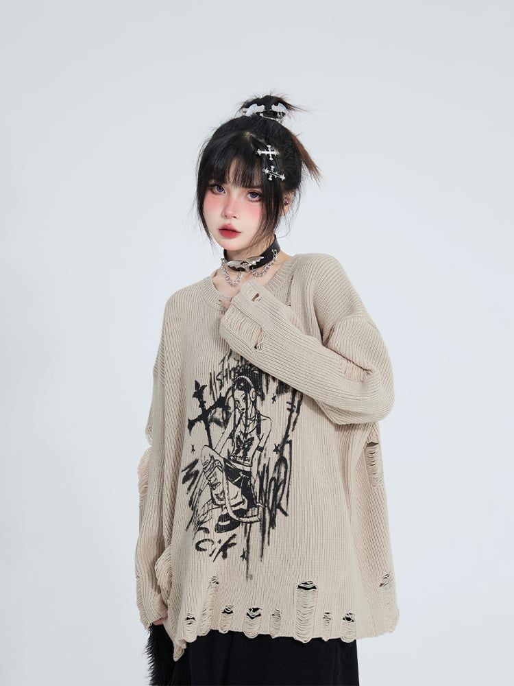 Khaki Fit with Distressed Girl Holes Print Top Relaxed Knit Anime