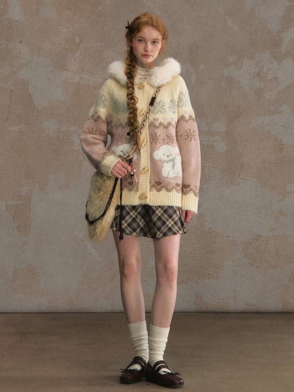 Collar Detachable Mohair Cozy Pink/Brown Fur Hooded Cardigan with Knit