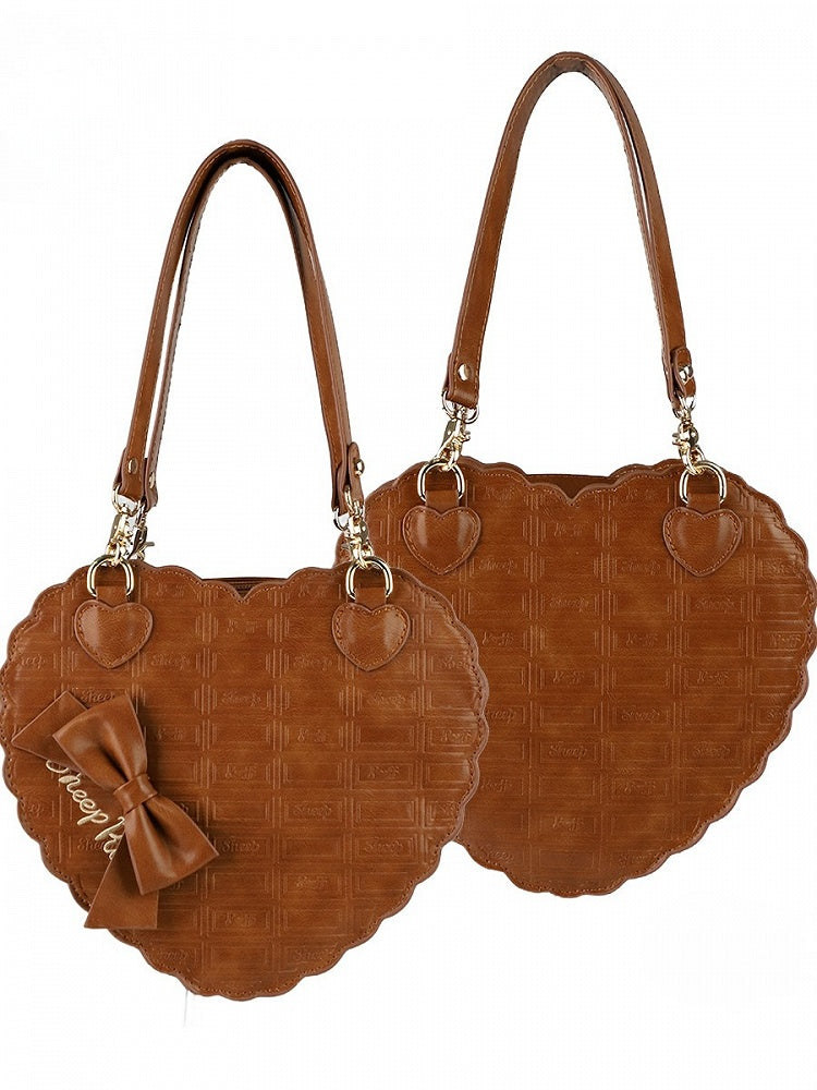 Pattern Accent Heart-shaped Sweet Lolita Style Carry Bag Chocolate Dark Brown - with Bow Triple
