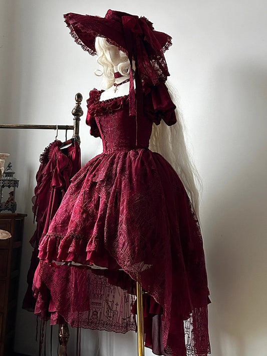 Red Dragon Bone Embroidery High-low Skirt Dress Gothic Lolita OP with Cathedral Embroidery Overlay