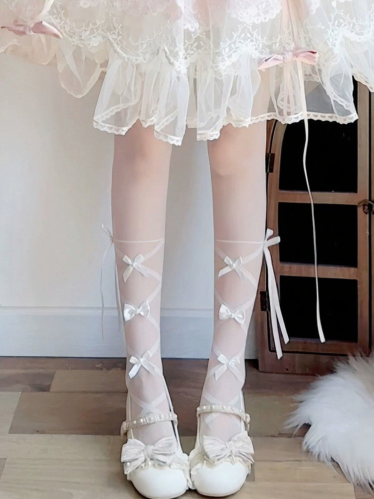 Bow-Accented Sheer Lolita Tights, 3 Color Options - Milkcat Studio