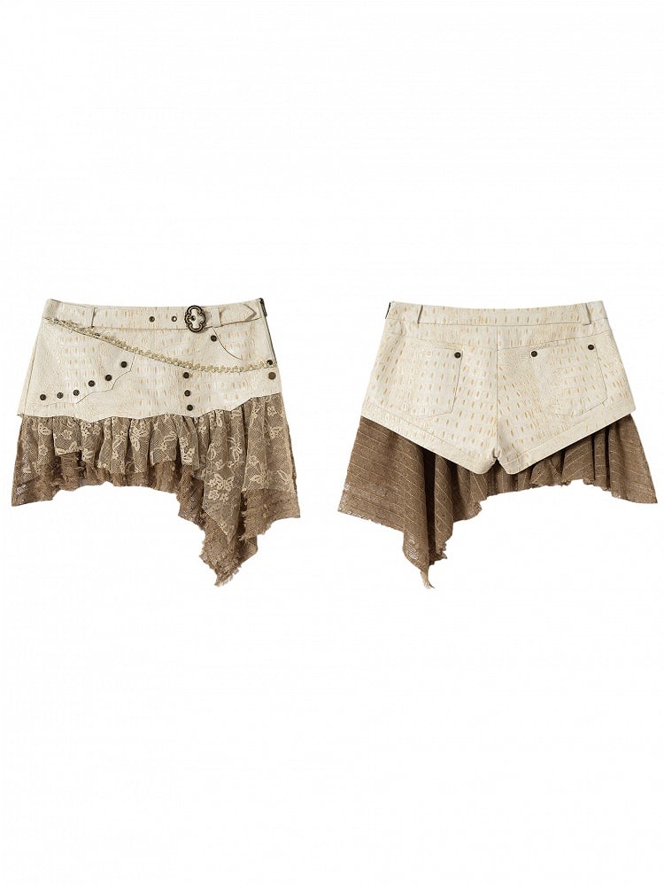 Brown Asymmetrical Vintage Layered with Studded Hem Punk Tulle Skort PU Beige