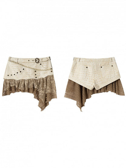Brown Asymmetrical Vintage Layered with Studded Hem Punk Tulle Skort PU Beige