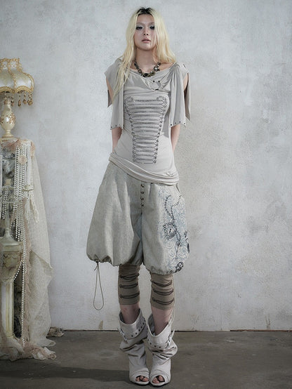 Beige-Grey Knit Short-Sleeve Top with Rhinestone Design - NO ROMANCE
