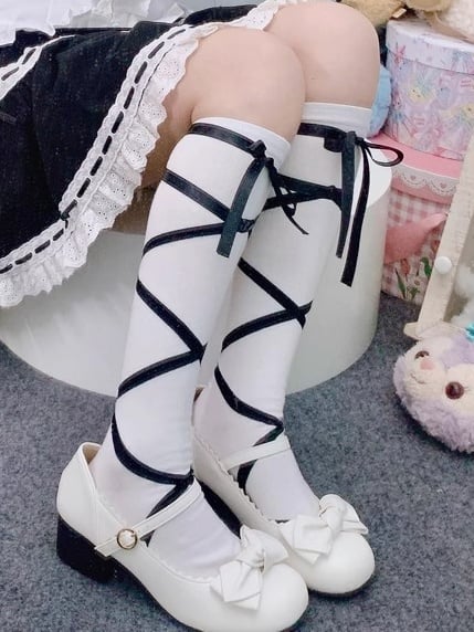 レッドロリータ リボン結び クリスコース バンドプリント カーフソックス